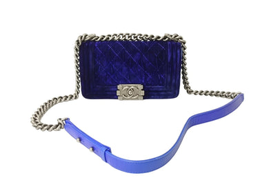 CHANEL シャネル ボーイシャネル チェーンショルダーバッグ20 17番台 A67085 ベロア レザー ブルー アンティークシルバー 美品 中古 66566