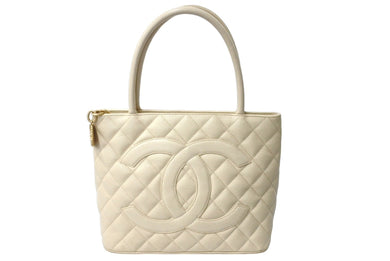 CHANEL シャネル 復刻トートバッグ ハンドバッグ ココマーク 6番台 キャビアスキン アイボリー ゴールド金具 良品 中古 66573