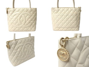 CHANEL シャネル 復刻トートバッグ ハンドバッグ ココマーク 6番台 キャビアスキン アイボリー ゴールド金具 良品 中古 66573