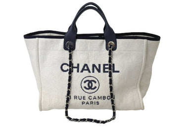CHANEL シャネル ドーヴィルGM チェーン トートバッグ ハンドバッグ 25番台 ココマーク ホワイト ネイビー 美品 中古 66604