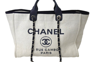 CHANEL シャネル ドーヴィルGM チェーン トートバッグ ハンドバッグ 25番台 ココマーク ホワイト ネイビー 美品 中古 66604