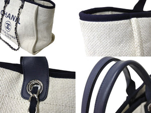 CHANEL シャネル ドーヴィルGM チェーン トートバッグ ハンドバッグ 25番台 ココマーク ホワイト ネイビー 美品 中古 66604