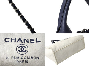 CHANEL シャネル ドーヴィルGM チェーン トートバッグ ハンドバッグ 25番台 ココマーク ホワイト ネイビー 美品 中古 66604