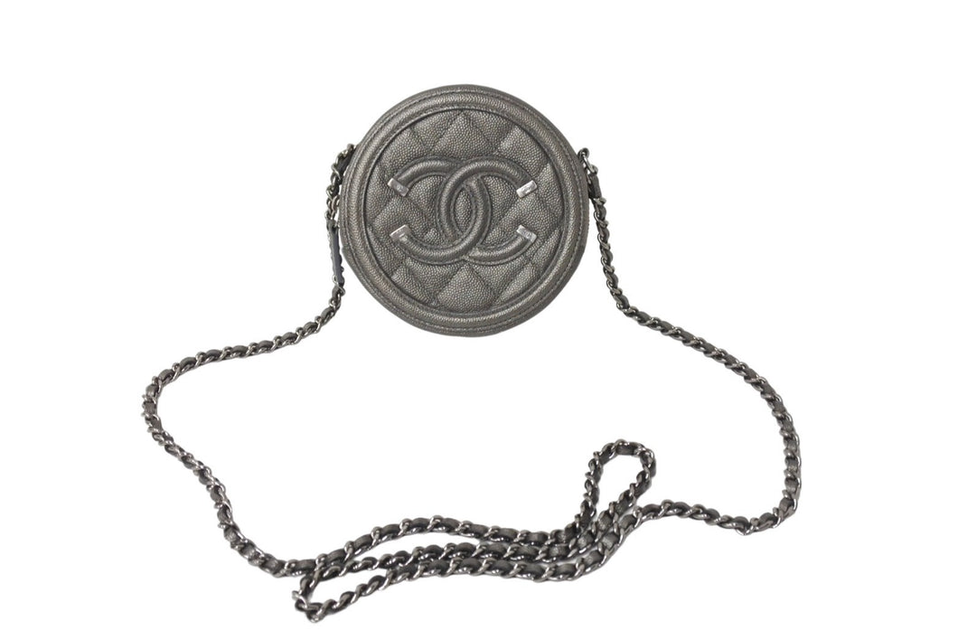 極美品 CHANEL シャネル CCフィグリー チェーン ショルダーバッグ 26番台 グレー キャビアスキン シルバー金具 ココマーク ロゴ 中古 66637