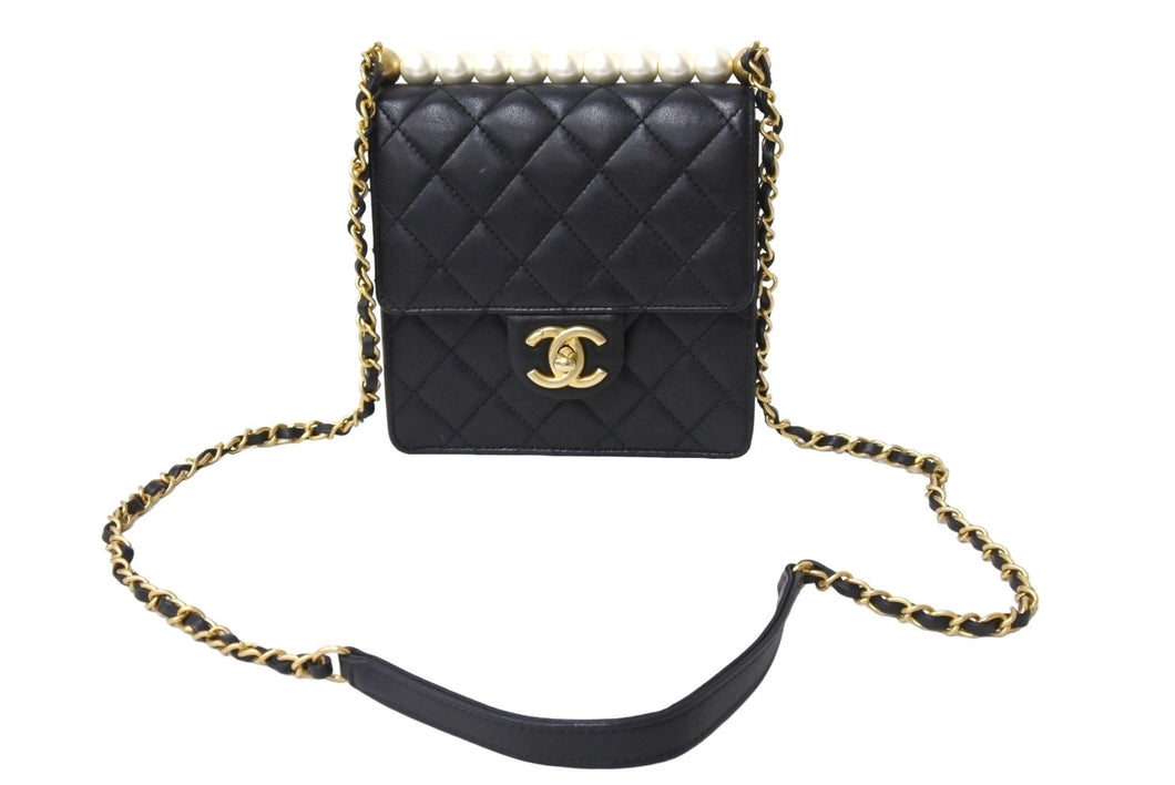 CHANEL シャネル チェーンショルダーバッグ AS0584 27番台 ココマーク フェイクパール ラムスキン キルティング ブラック 美品 中古 66639