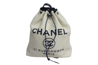 CHANEL シャネル ドーヴィル 巾着バックパック リュックサック ロゴ 23番台 ネイビー ホワイト 美品 中古 66641