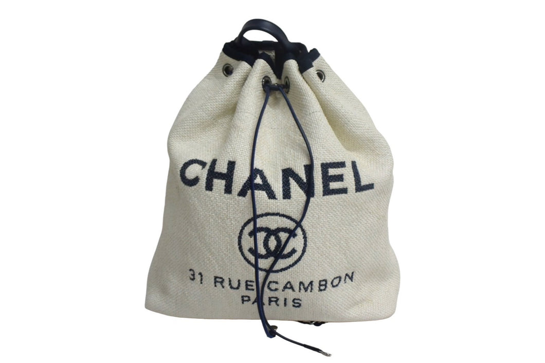 CHANEL シャネル ドーヴィル 巾着バックパック リュックサック ロゴ 23番台 ネイビー ホワイト 美品 中古 66641
