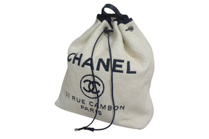 CHANEL シャネル ドーヴィル 巾着バックパック リュックサック ロゴ 23番台 ネイビー ホワイト 美品 中古 66641