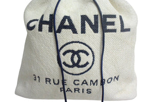 CHANEL シャネル ドーヴィル 巾着バックパック リュックサック ロゴ 23番台 ネイビー ホワイト 美品 中古 66641