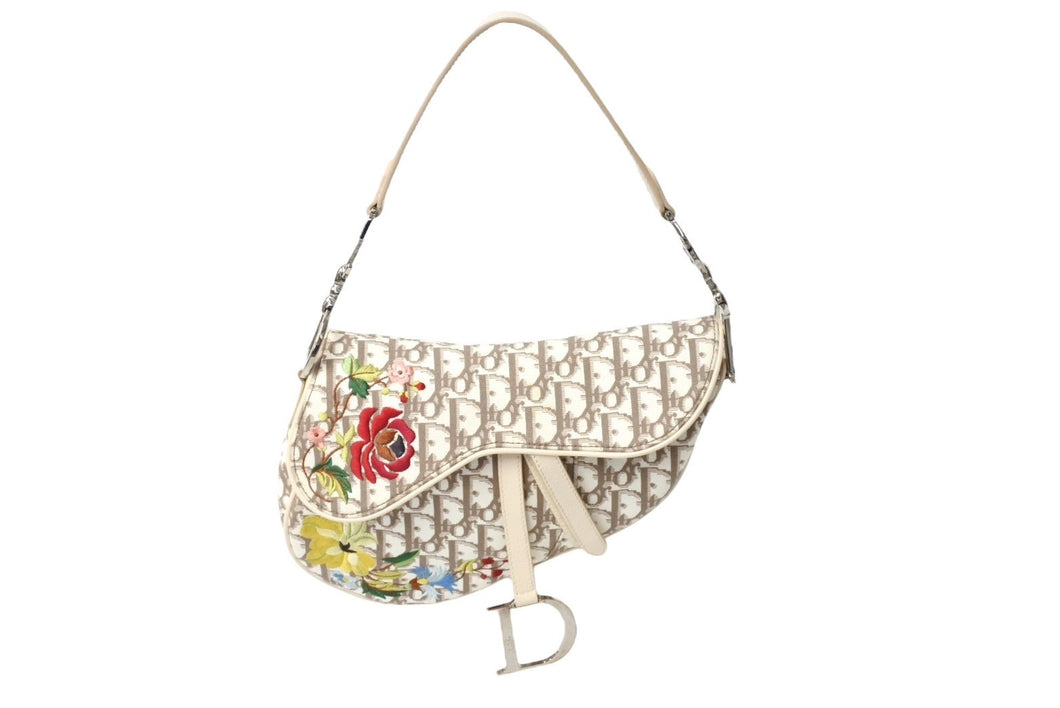 Christian Dior クリスチャンディオール サドルバッグ エンブロイダリー ハンドバッグ ベージュ 2005年 美品 中古 66650