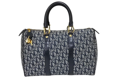 ChristianDior クリスチャンディオール ヴィンテージ トロッター ボストン ハンドバッグ ジャガード ネイビー 美品 中古 66723