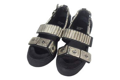 TOGA PULLA トーガ プルラ サンダル サイズ37 レザー スウェード メタル ブラック 彫刻 ポルトガル製 0918G 美品 中古 66770