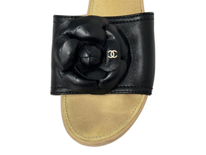CHANEL シャネル カメリア サンダル サイズ36 ココマーク ウッド レザー スウェード ブラック ベージュ 美品 中古 66771