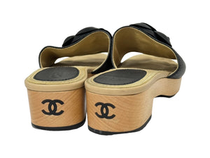 CHANEL シャネル カメリア サンダル サイズ36 ココマーク ウッド レザー スウェード ブラック ベージュ 美品 中古 66771