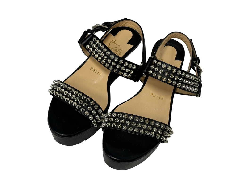 Christian Louboutin クリスチャンルブタン スタッズサンダル ヴェッジソール サイズ36 1/2 シルバー金具 ブラック 美品 中古 66772