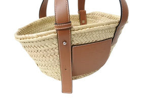 新品同様 LOEWE ロエベ バスケットバッグ ハンドバッグ 327.02.S93 ヤシの葉＆カーフ ベージュ シルバー金具 中古 66773