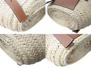 新品同様 LOEWE ロエベ バスケットバッグ ハンドバッグ 327.02.S93 ヤシの葉＆カーフ ベージュ シルバー金具 中古 66773