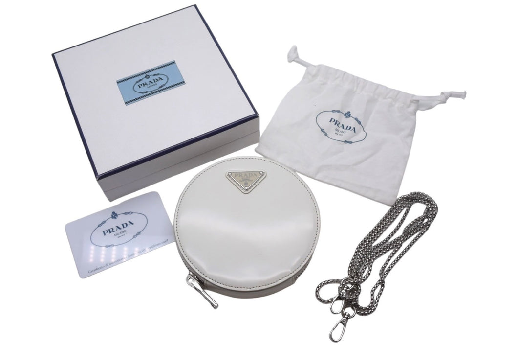 PRADA プラダ テント パレザー チェーンショルダーバッグ ポシェット INR003 ホワイト エナメル シルバー金具 中古美品 66799 