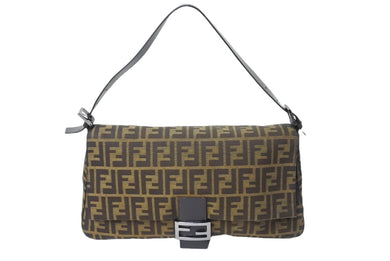 FENDI フェンディ マンマバケット 40cm ワンショルダーバッグ ブラウン ブラック キャンバス ガンメタル金具 美品 中古 66823 