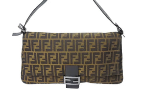 FENDI フェンディ マンマバケット 40cm ワンショルダーバッグ ブラウン ブラック キャンバス ガンメタル金具 美品 中古 66823 