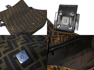 FENDI フェンディ マンマバケット 40cm ワンショルダーバッグ ブラウン ブラック キャンバス ガンメタル金具 美品 中古 66823 