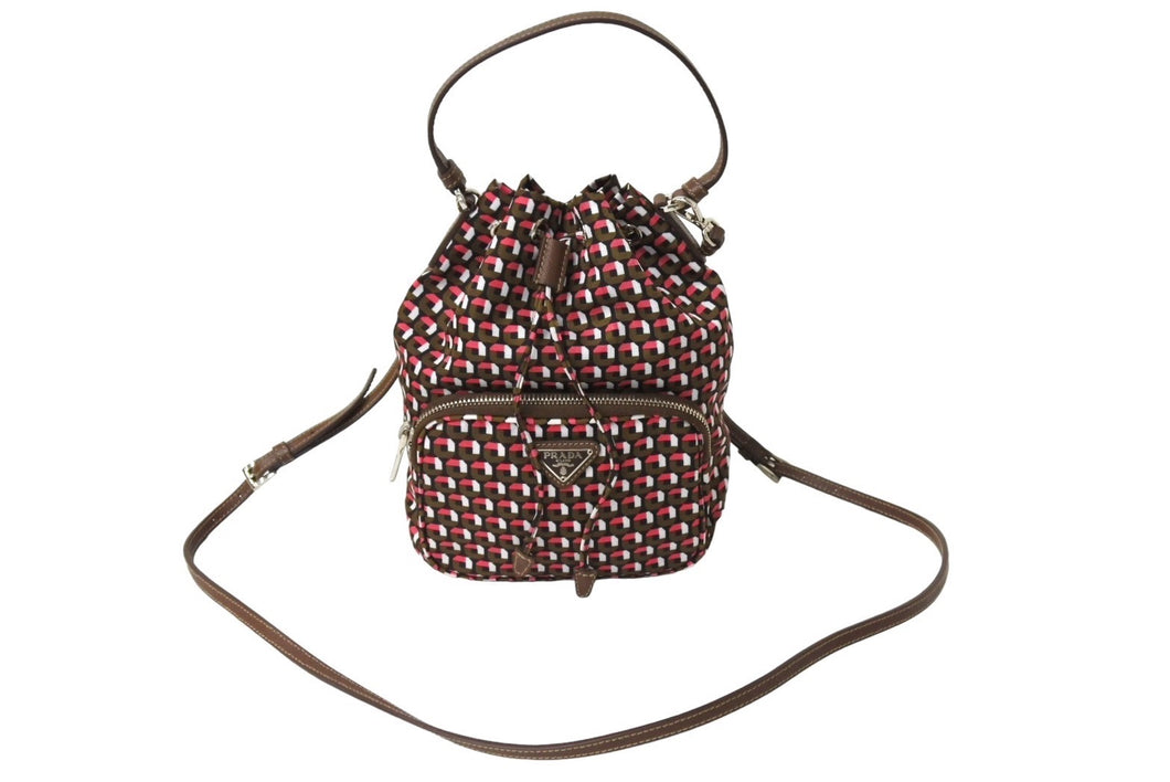 極美品 PRADA プラダ ハンドバッグ 1N1864 巾着 ミニバッグ 総柄 マルチカラー ナイロン 中古 66945 