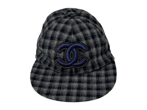 CHANEL シャネル キャップ 帽子 ココマーク チェック柄 カシミヤ グレー ブラック イタリア製 サイズM 美品 中古 66963