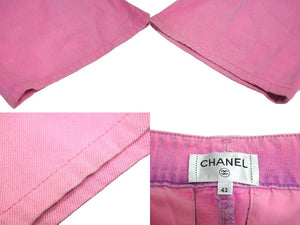 CHANEL シャネル ワイドデニムパンツ P70662V62122 サイズ42 ココマーク ピンク コットン バギー 美品 中古 66976