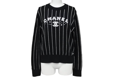 極美品 CHANEL シャネル セーター P74734K10713 サイズ38 カシミヤ ストライプ ココマーク ボタン 刺繍 ブラック 中古 67004