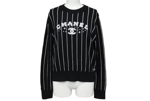 極美品 CHANEL シャネル セーター P74734K10713 サイズ38 カシミヤ ストライプ ココマーク ボタン 刺繍 ブラック 中古 67004