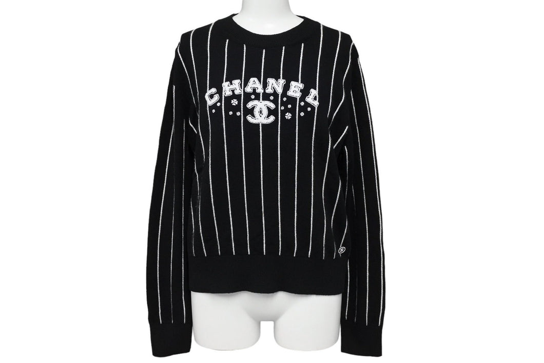 極美品 CHANEL シャネル セーター P74734K10713 サイズ38 カシミヤ ストライプ ココマーク ボタン 刺繍 ブラック 中古 67004