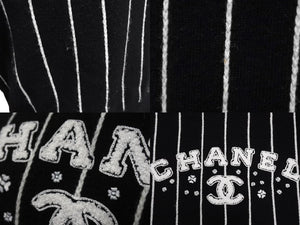 極美品 CHANEL シャネル セーター P74734K10713 サイズ38 カシミヤ ストライプ ココマーク ボタン 刺繍 ブラック 中古 67004