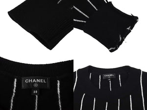 極美品 CHANEL シャネル セーター P74734K10713 サイズ38 カシミヤ ストライプ ココマーク ボタン 刺繍 ブラック 中古 67004