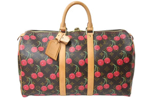 LOUIS VUITTON ルイヴィトン モノグラムチェリー キーポル45 ボストンバッグ M95011 村上隆 レッド ブラウン ロゴ 旅行バッグ 美品 中古 67018