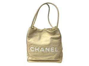 CHANEL シャネル トートバッグ ロゴ カメリア ロゴ 7番台 フランス製 レザー ベージュ ゴールド金具 美品 中古 67037