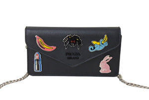 PRADA プラダ バッチチェーンショルダーバッグ ブラック SAFFIANO SMALTO レザー サフィアーノ 1DH044 ロゴ シルバー金具 美品 中古 67044 