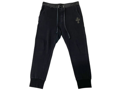 CHROME HEARTS クロムハーツ スウェットパンツ レザークロスパッチ シルバ−925 レザー コットン ブラック 美品 中古 67081