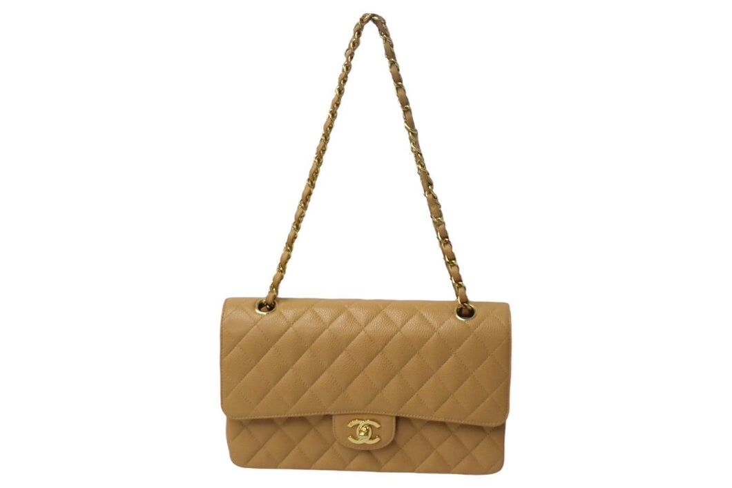 極美品 CHANEL マトラッセ Wフラップ チェーンショルダー キャビアスキン 9番台 25cm ショルダーバッグ ベージュ ゴールド金具 中古 67096