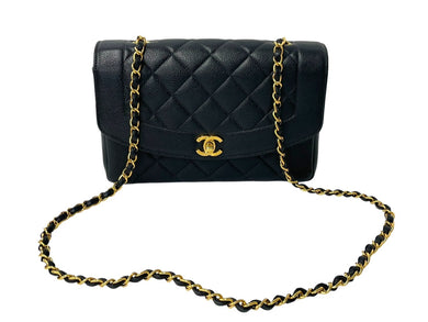 CHANEL シャネル チェーンショルダーバッグ ダイアナ 25 マトラッセ キャビアスキン 4番台 ブラック ゴールド 美品 中古 67100
