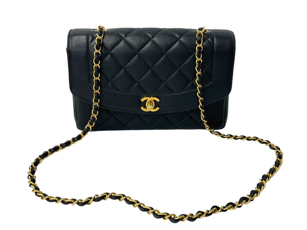 CHANEL シャネル チェーンショルダーバッグ ダイアナ 25 マトラッセ キャビアスキン 4番台 ブラック ゴールド 美品 中古 67100