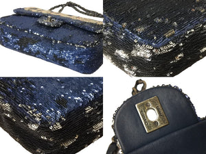 CHANEL シャネル ココキューバ スパンコール チェーンショルダーバッグ 23番台 2016年 ラムスキン ネイビー 美品 中古 67142