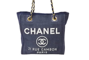 極美品 CHANEL シャネル ドーヴィル チェーン トートバッグ 17番台 ネイビー デニム ココマーク ロゴ ゴールド金具 中古 67146
