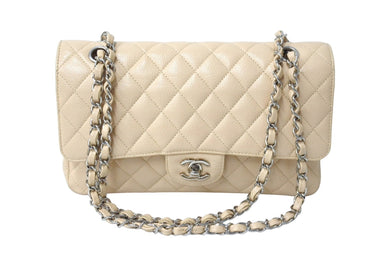 極美品 CHANEL シャネル マトラッセ ダブルフラップ ショルダーバッグ 13番台 キャビアスキン ベージュ シルバー金具 中古 67149
