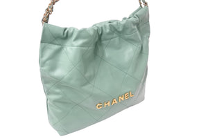 極美品 CHANEL22 シャネル ハンドバッグ チェーンショルダーバッグ カーフスキン AS3980 グリーン ゴールド金具 中古 67151