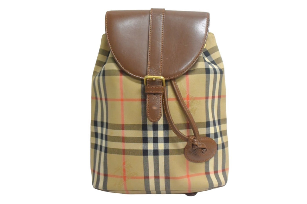 BURBERRY バーバリー リュック デイパック ノバチェック ブラウン ベージュ キャンバス レザー ゴールド金具 場品 中古 67207 
