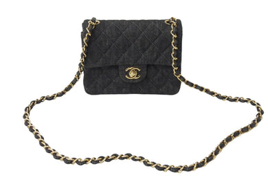 極美品 CHANEL シャネル ミニマトラッセ チェーン ショルダー バッグ デニム ブラック A01115 5番台 ゴールド金具 中古 67300