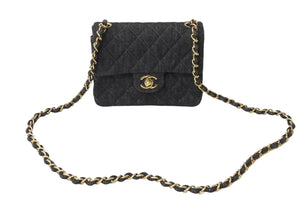 極美品 CHANEL シャネル ミニマトラッセ チェーン ショルダー バッグ デニム ブラック A01115 5番台 ゴールド金具 中古 67300