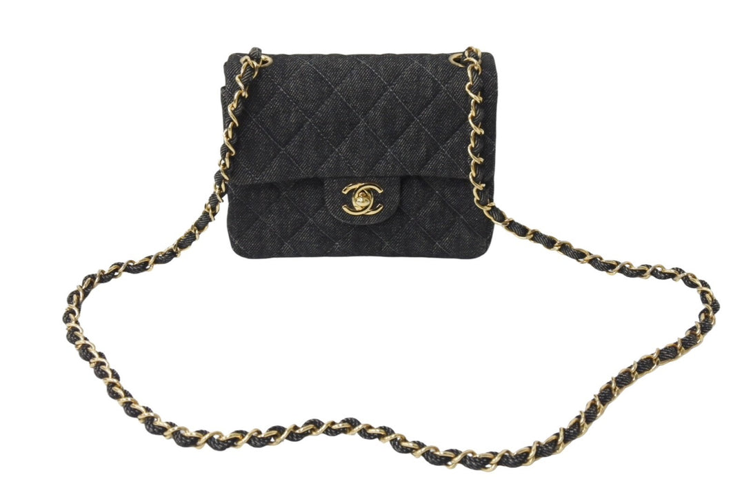 極美品 CHANEL シャネル ミニマトラッセ チェーン ショルダー バッグ デニム ブラック A01115 5番台 ゴールド金具 中古 67300