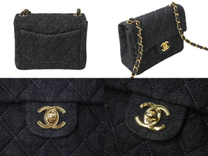 極美品 CHANEL シャネル ミニマトラッセ チェーン ショルダー バッグ デニム ブラック A01115 5番台 ゴールド金具 中古 67300