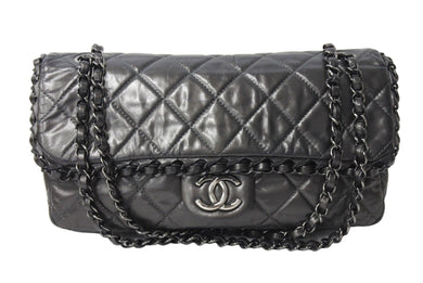 CHANEL シャネル マトラッセ チェーンアラウンド ショルダーバッグ 16番台 カーフスキン グレー ブラック金具 美品 中古 67301